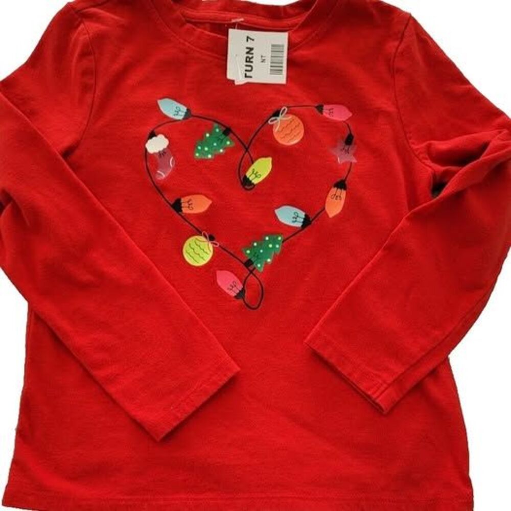 Cat & Jack Girls Red Holiday Heart Long Sleeve Top Size XS 4-5 New